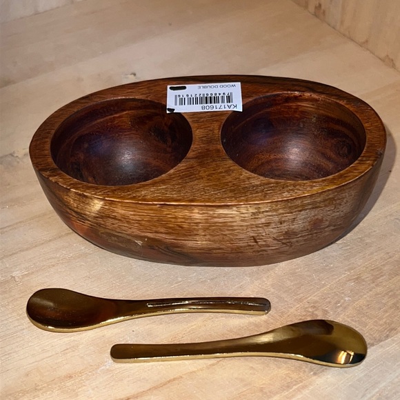 Karma acacia wood double pinch bowl with brass spoons - NWT - Picture 4 of 16